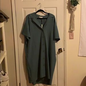 Blue green collared button up dress